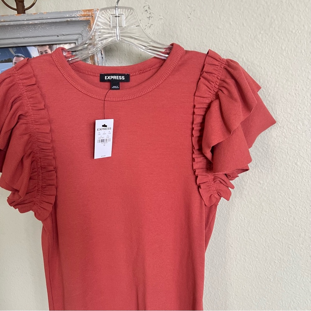 Express Pink Ruffled Flutter Sleeve T-Shirt - Picture 2 of 4